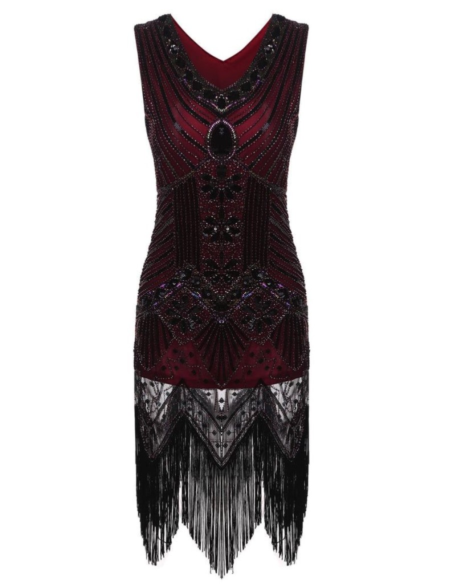 Clothing Retro Stage | [Clearance] 1920S Sequined Fringe Dress Wine Red