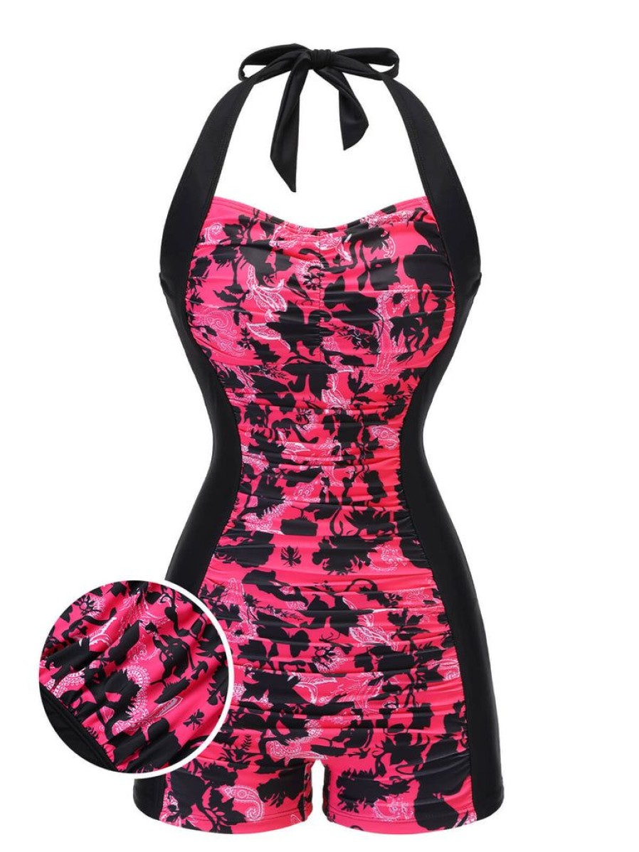 Clothing Retro Stage | 1950S Floral Halter Swimsuit Black & Pink