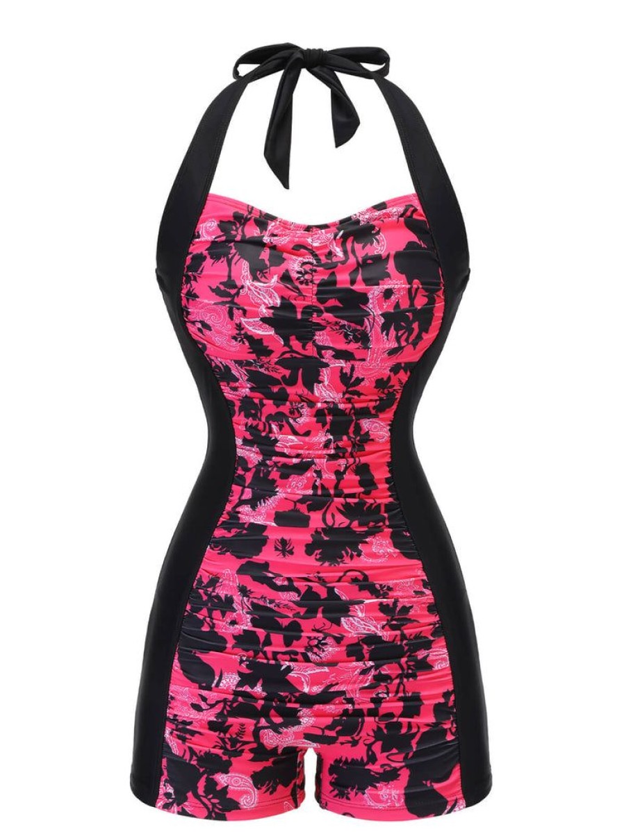 Clothing Retro Stage | 1950S Floral Halter Swimsuit Black & Pink