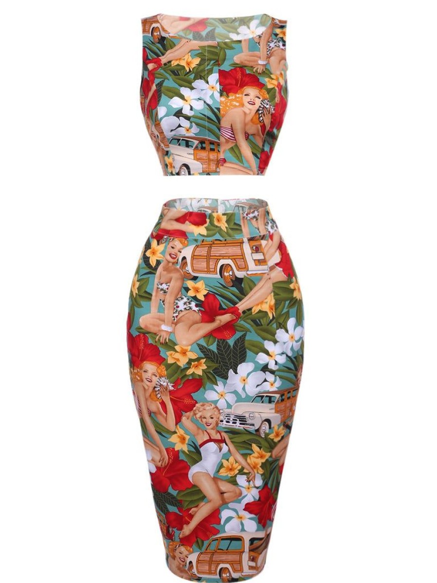 Clothing Retro Stage | 2Pcs 1960S Retro Lady Crop Top & Pencil Skirt Multi Color