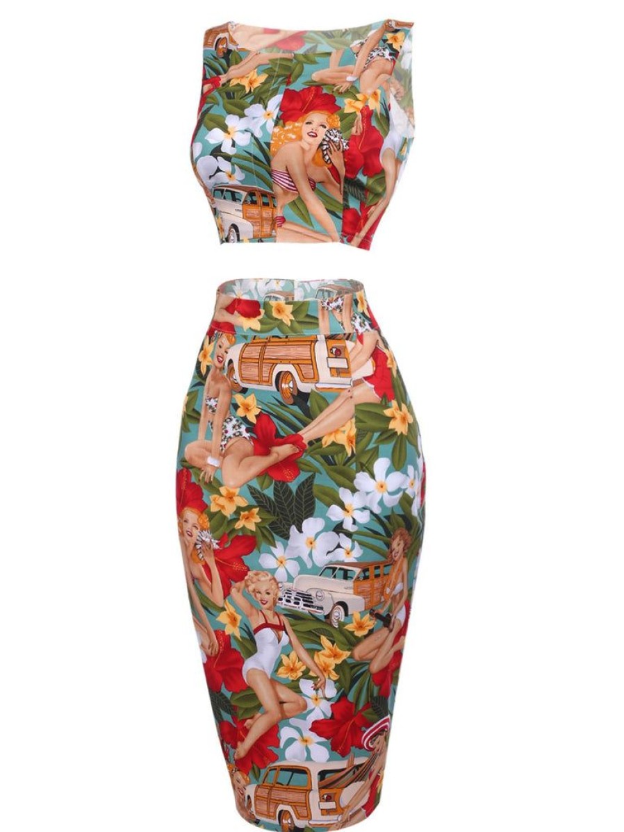 Clothing Retro Stage | 2Pcs 1960S Retro Lady Crop Top & Pencil Skirt Multi Color