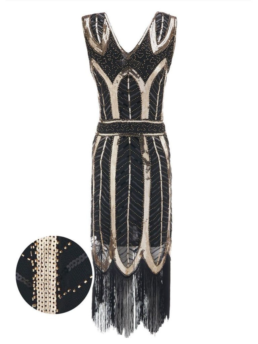 Clothing Retro Stage | 1920S Leaves Sequined Tassel Dress