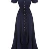 Clothing Retro Stage | 1930S One-Shoulder Button Long Dress Navy Blue