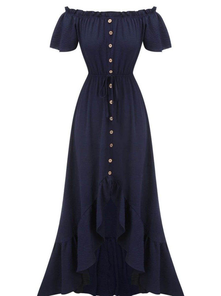 Clothing Retro Stage | 1930S One-Shoulder Button Long Dress Navy Blue