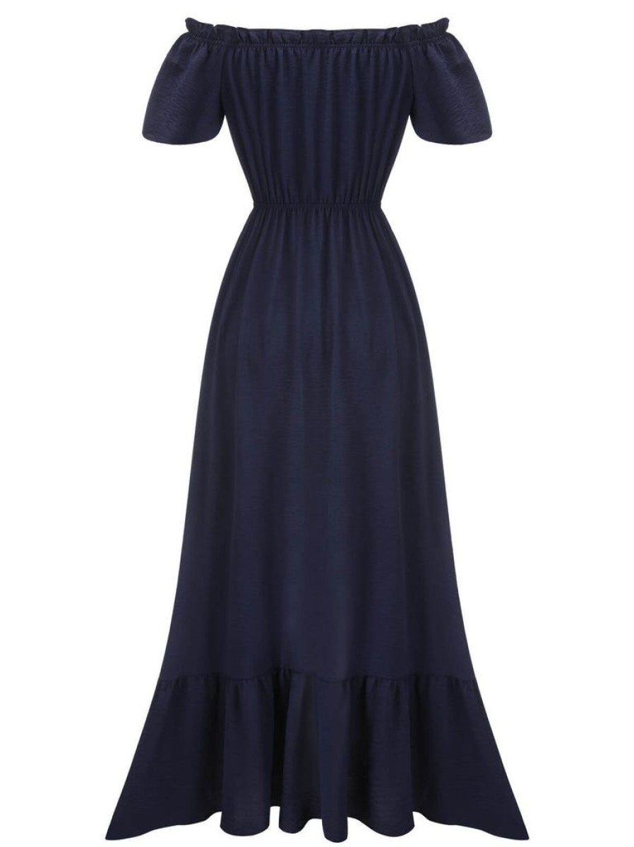 Clothing Retro Stage | 1930S One-Shoulder Button Long Dress Navy Blue