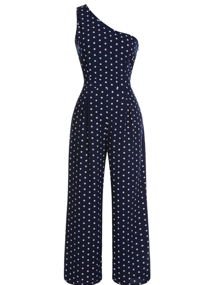 Clothing Retro Stage | 1930S One-Shoulder Dot Jumpsuit Navy Blue