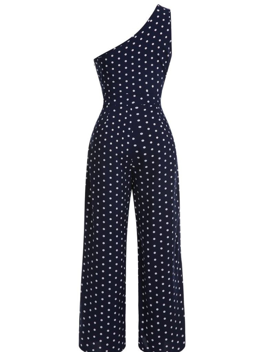 Clothing Retro Stage | 1930S One-Shoulder Dot Jumpsuit Navy Blue