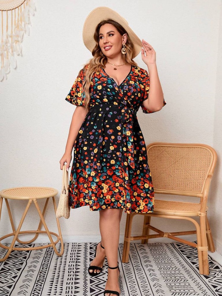 Clothing Retro Stage | [Plus Size] 1950S Ed Floral Flare Sleeve Dress Multicolor