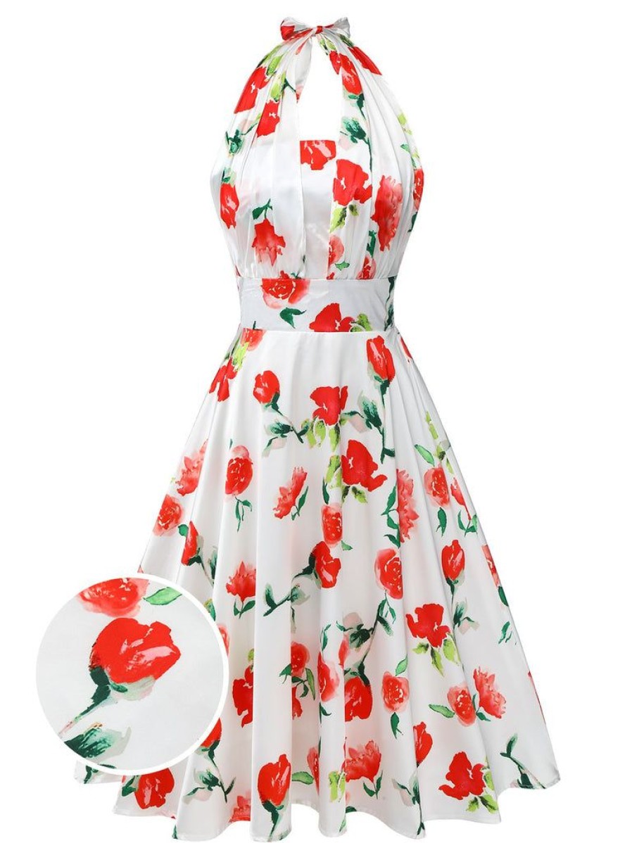 Clothing Retro Stage | 1950S Watercolor Rose Halter Dress White