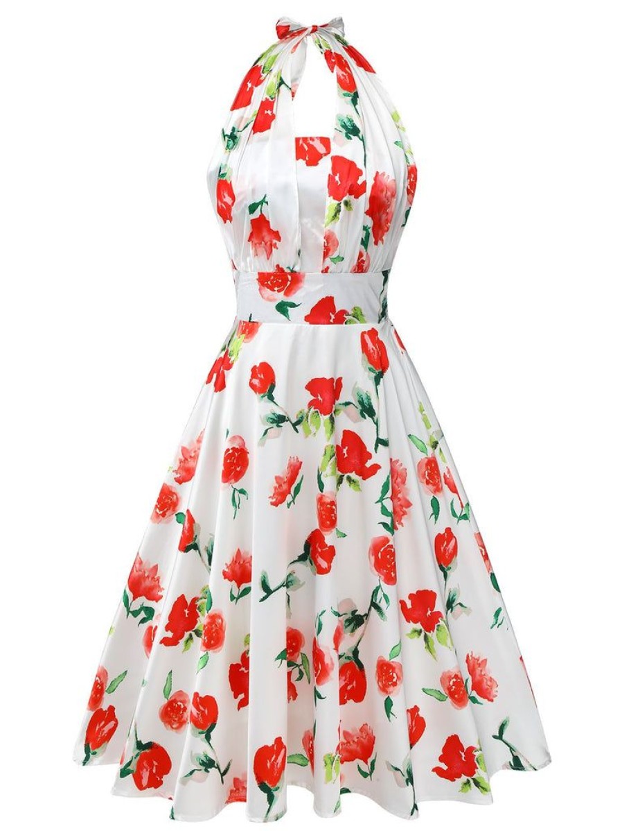 Clothing Retro Stage | 1950S Watercolor Rose Halter Dress White