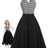 Clothing Retro Stage | 1950S Stripe Lapel Halter Patchwork Dress Black