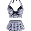 Clothing Retro Stage | 1950S Checked Halter Bowknot Bikini Set Black