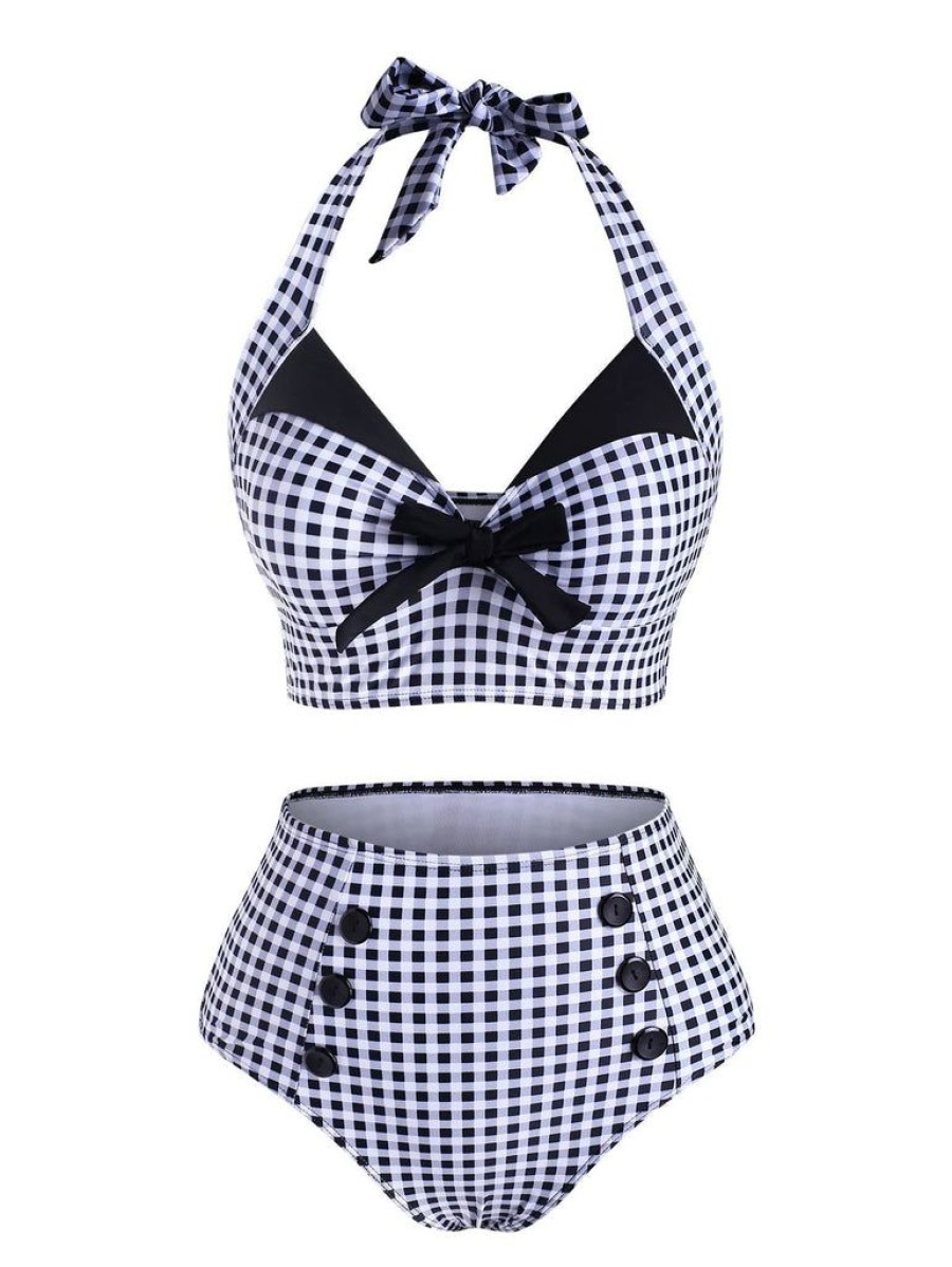 Clothing Retro Stage | 1950S Checked Halter Bowknot Bikini Set Black