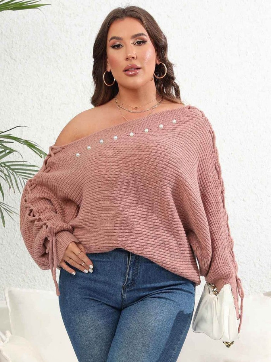 Clothing Retro Stage | [Plus Size] 1950S Solid Pearl Lace-Up Sleeve One Shoulder Sweater