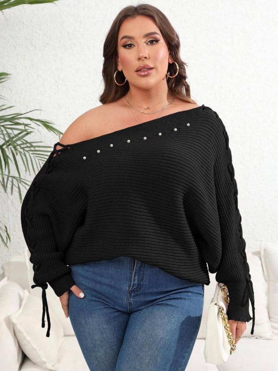 Clothing Retro Stage | [Plus Size] 1950S Solid Pearl Lace-Up Sleeve One Shoulder Sweater