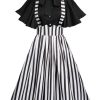 Clothing Retro Stage | 2Pcs 1950S Black Solid Blouse & Suspender Skirt Black & White