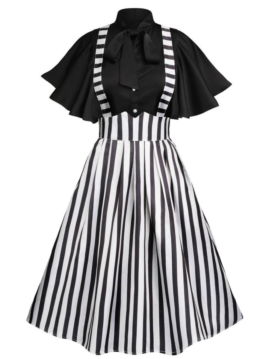 Clothing Retro Stage | 2Pcs 1950S Black Solid Blouse & Suspender Skirt Black & White