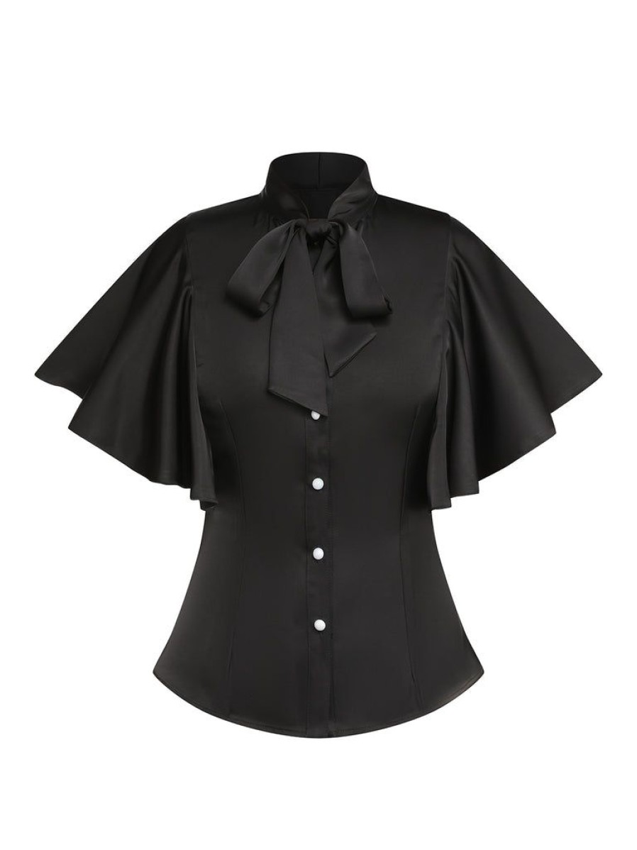 Clothing Retro Stage | 2Pcs 1950S Black Solid Blouse & Suspender Skirt Black & White