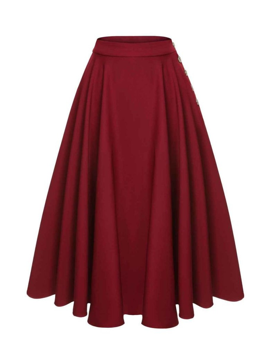 Clothing Retro Stage | [Pre-Sale] 1940S Buttoned Solid Skirt Red