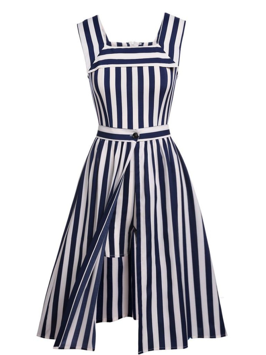 Clothing Retro Stage | Navy 1950S Stripes Sailor Romper & Skirt Navy Blue