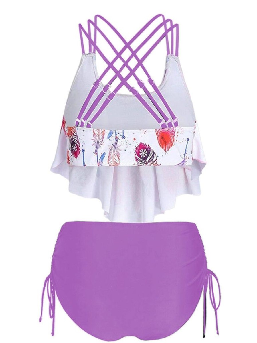 Clothing Retro Stage | 1950S Spaghetti Strap Feather Tankini Set