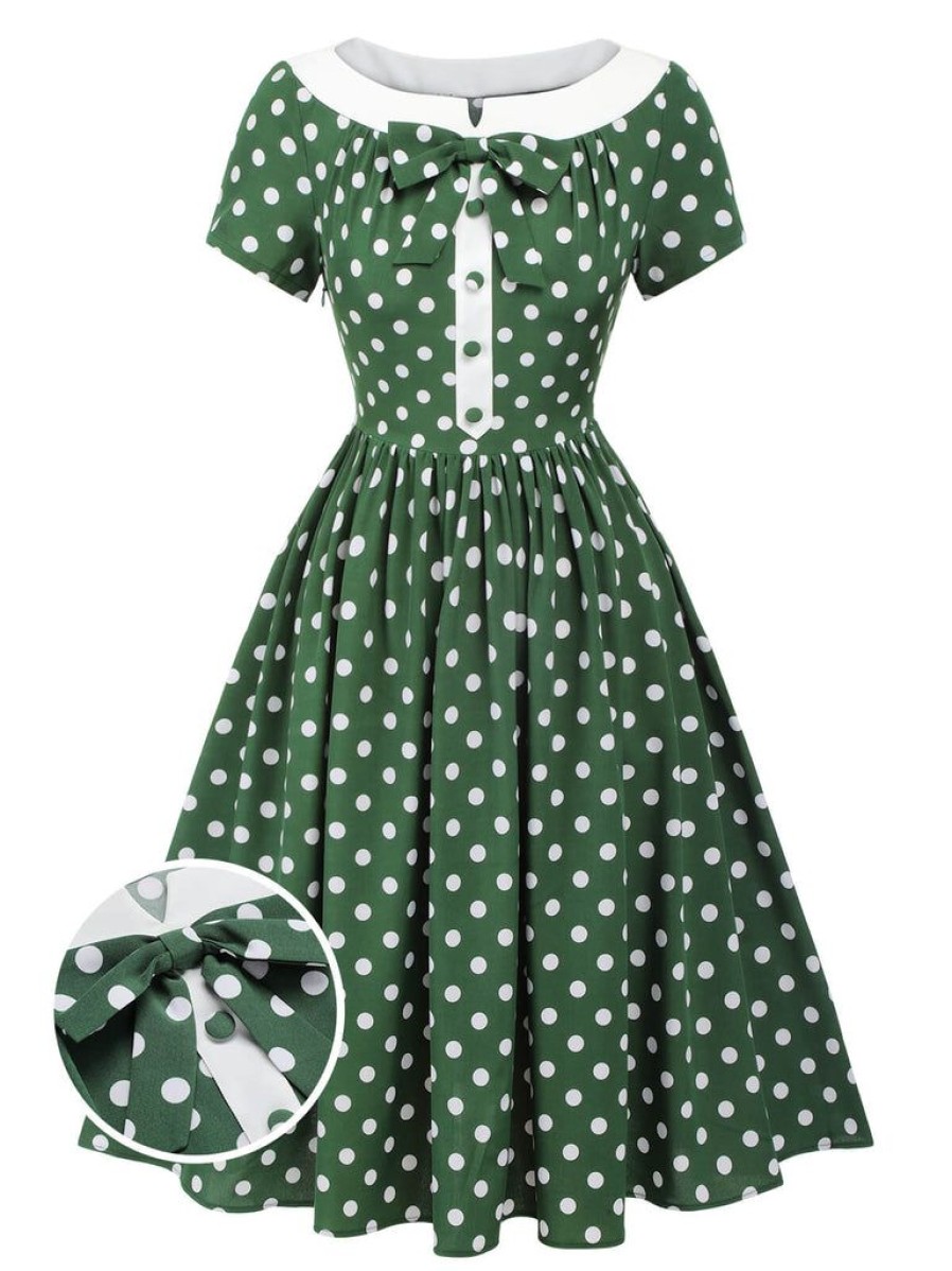 Clothing Retro Stage | [Pre-Sale] 1940S Polka Dot Bowknot Patchwork Dress Green