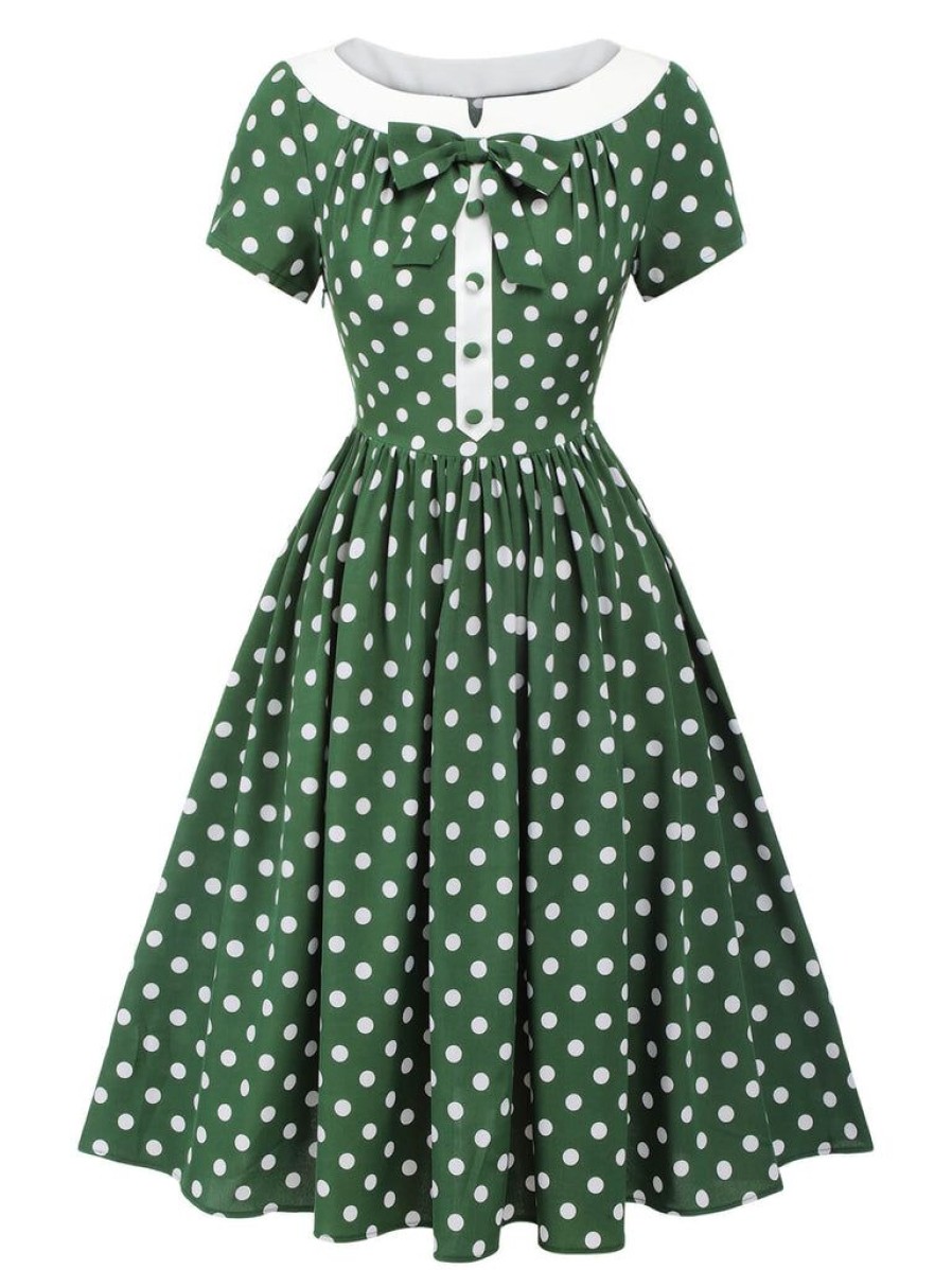 Clothing Retro Stage | [Pre-Sale] 1940S Polka Dot Bowknot Patchwork Dress Green