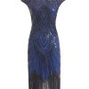 Clothing Retro Stage | 1920S Sequin Beaded Fringed Dress Blue