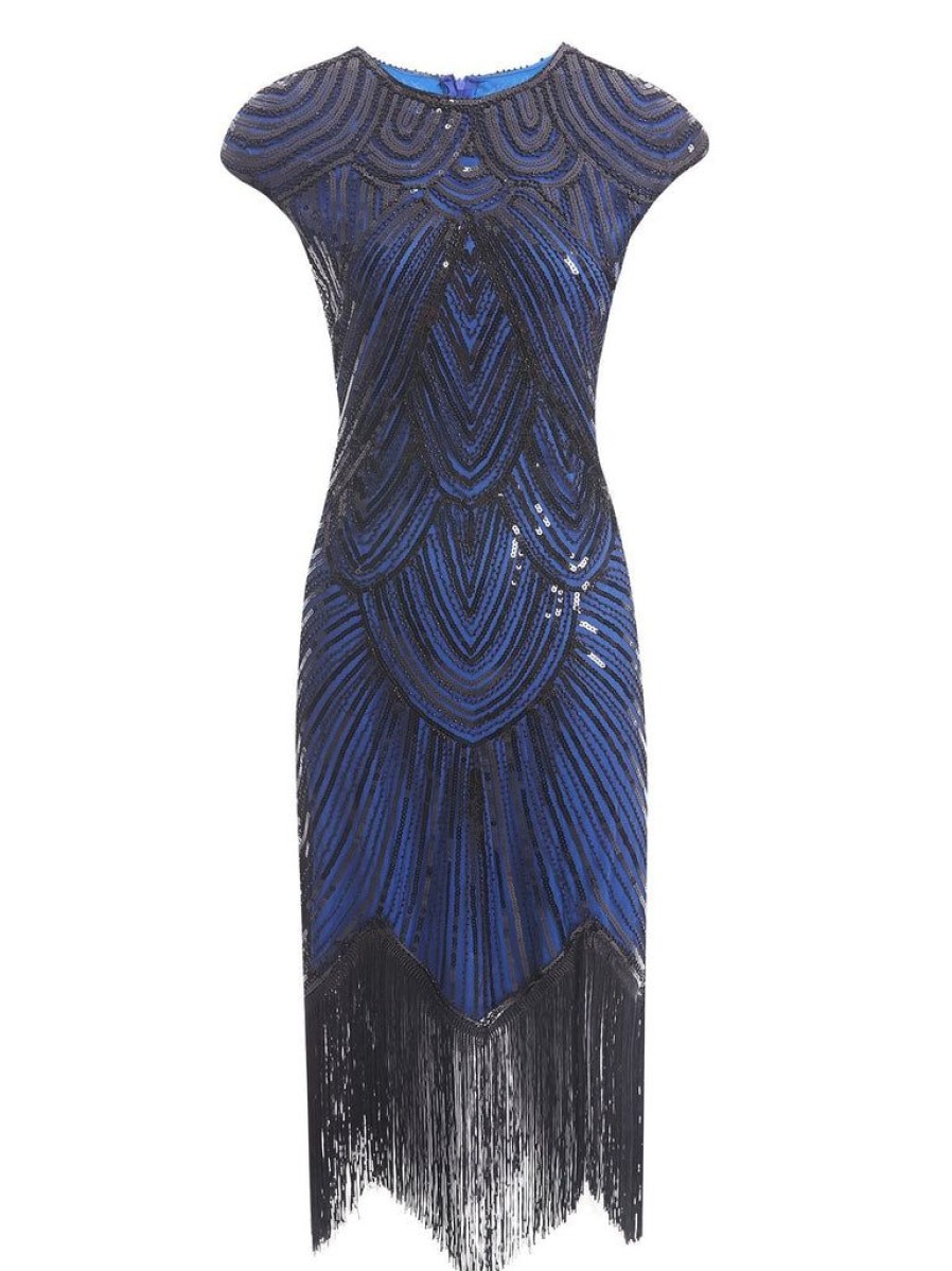 Clothing Retro Stage | 1920S Sequin Beaded Fringed Dress Blue