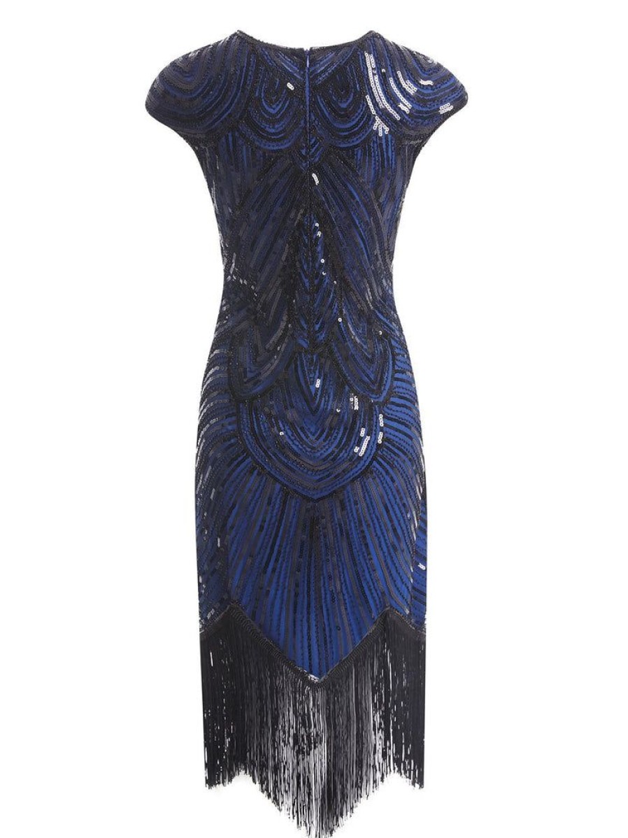 Clothing Retro Stage | 1920S Sequin Beaded Fringed Dress Blue