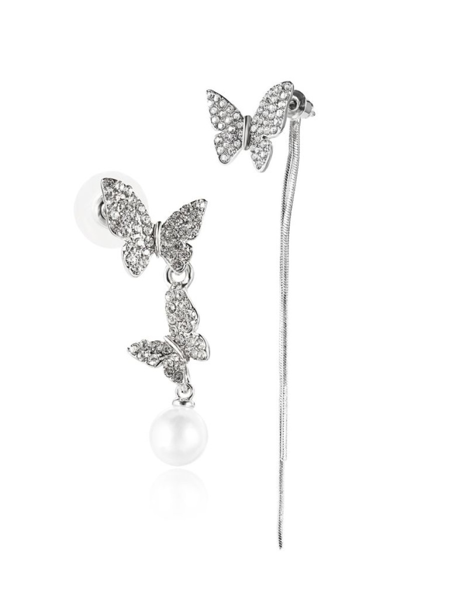 Accessories Retro Stage | Butterfly Diamond Pearl Asymmetric Earrings