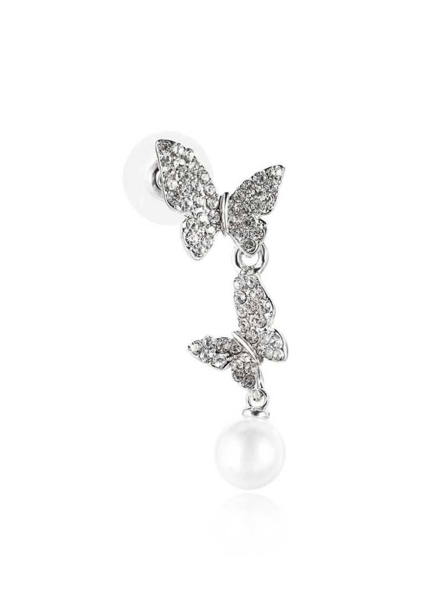 Accessories Retro Stage | Butterfly Diamond Pearl Asymmetric Earrings