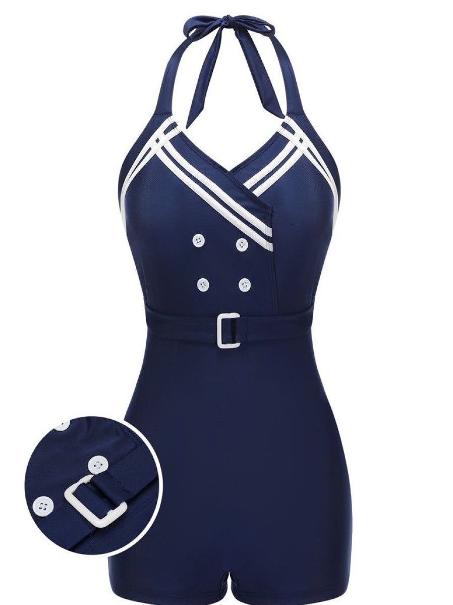 Clothing Retro Stage | 1950S Solid Belt Button Halter Swimsuit Navy Blue