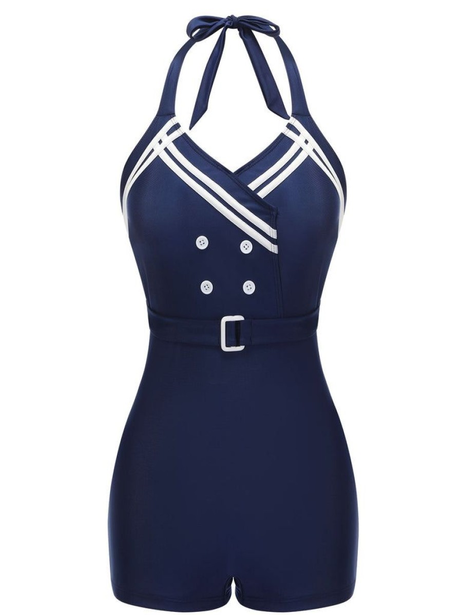 Clothing Retro Stage | 1950S Solid Belt Button Halter Swimsuit Navy Blue