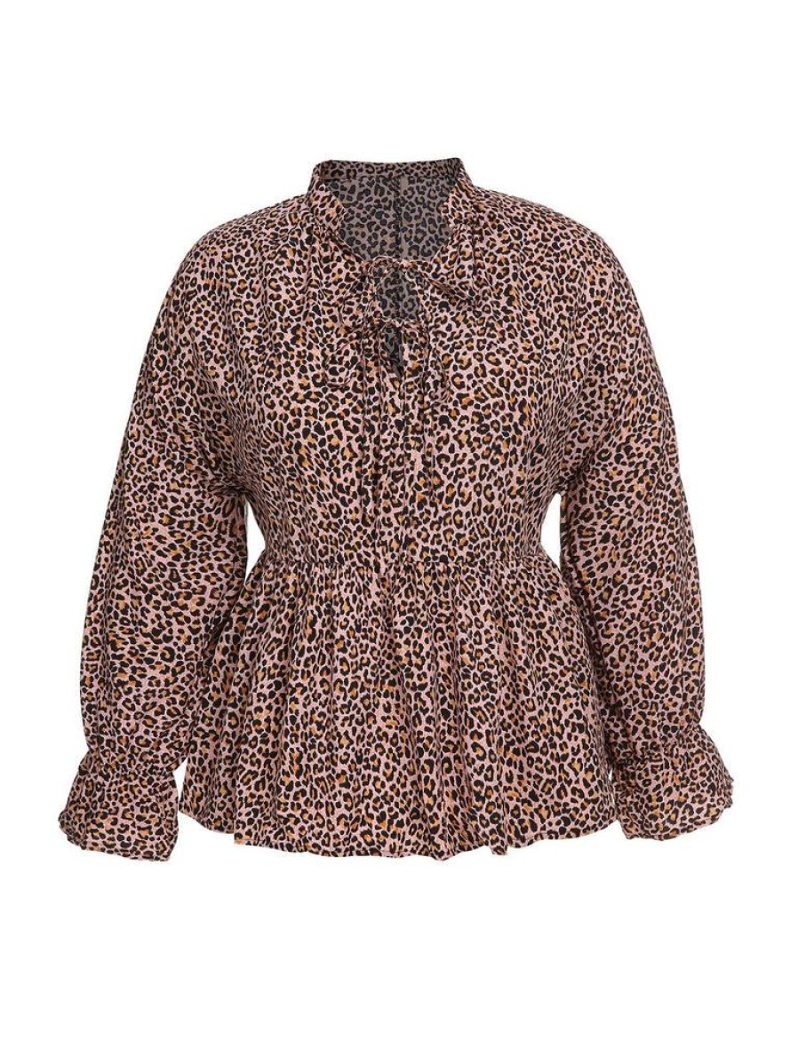 Clothing Retro Stage | [Plus Size] 1940S Ruffles Long Sleeve Blouse Leopard