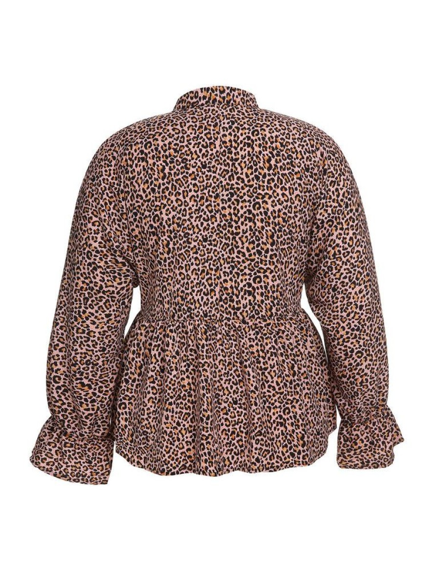 Clothing Retro Stage | [Plus Size] 1940S Ruffles Long Sleeve Blouse Leopard