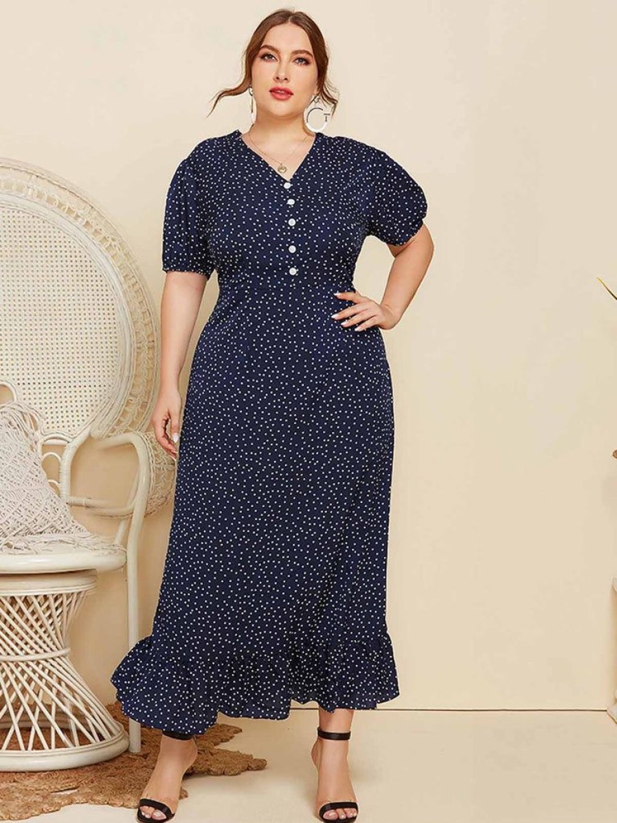 Clothing Retro Stage | [Plus Size] 1930S V-Neck Polka Dot Dress Dark Blue