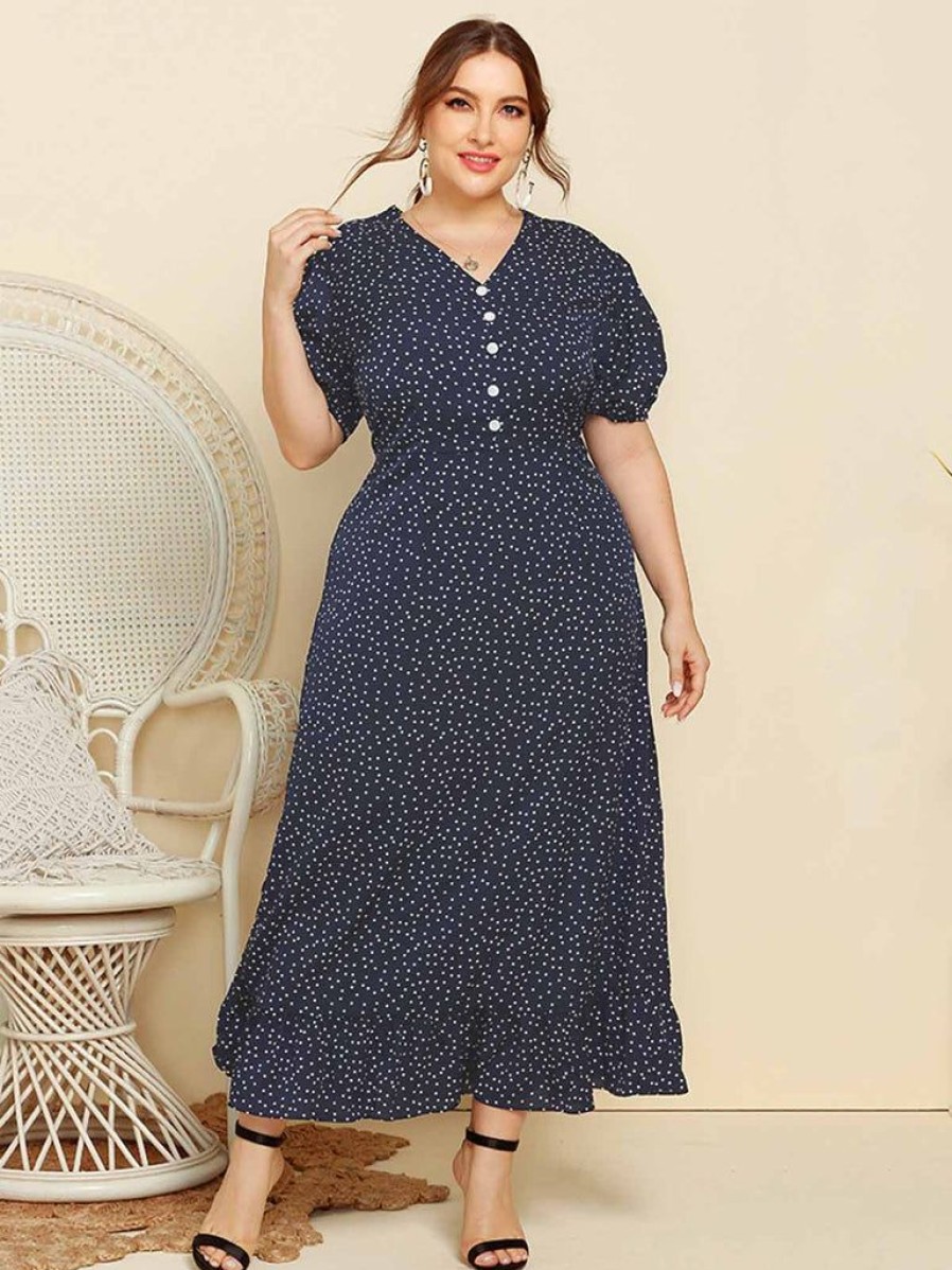 Clothing Retro Stage | [Plus Size] 1930S V-Neck Polka Dot Dress Dark Blue