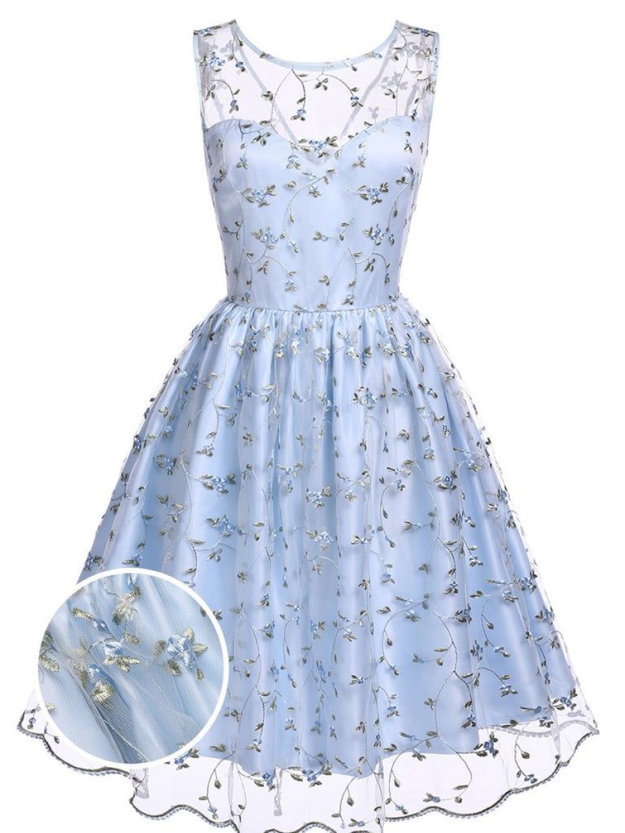 Clothing Retro Stage | Blue 1950S Floral Embroidery Lace Dress Light Blue