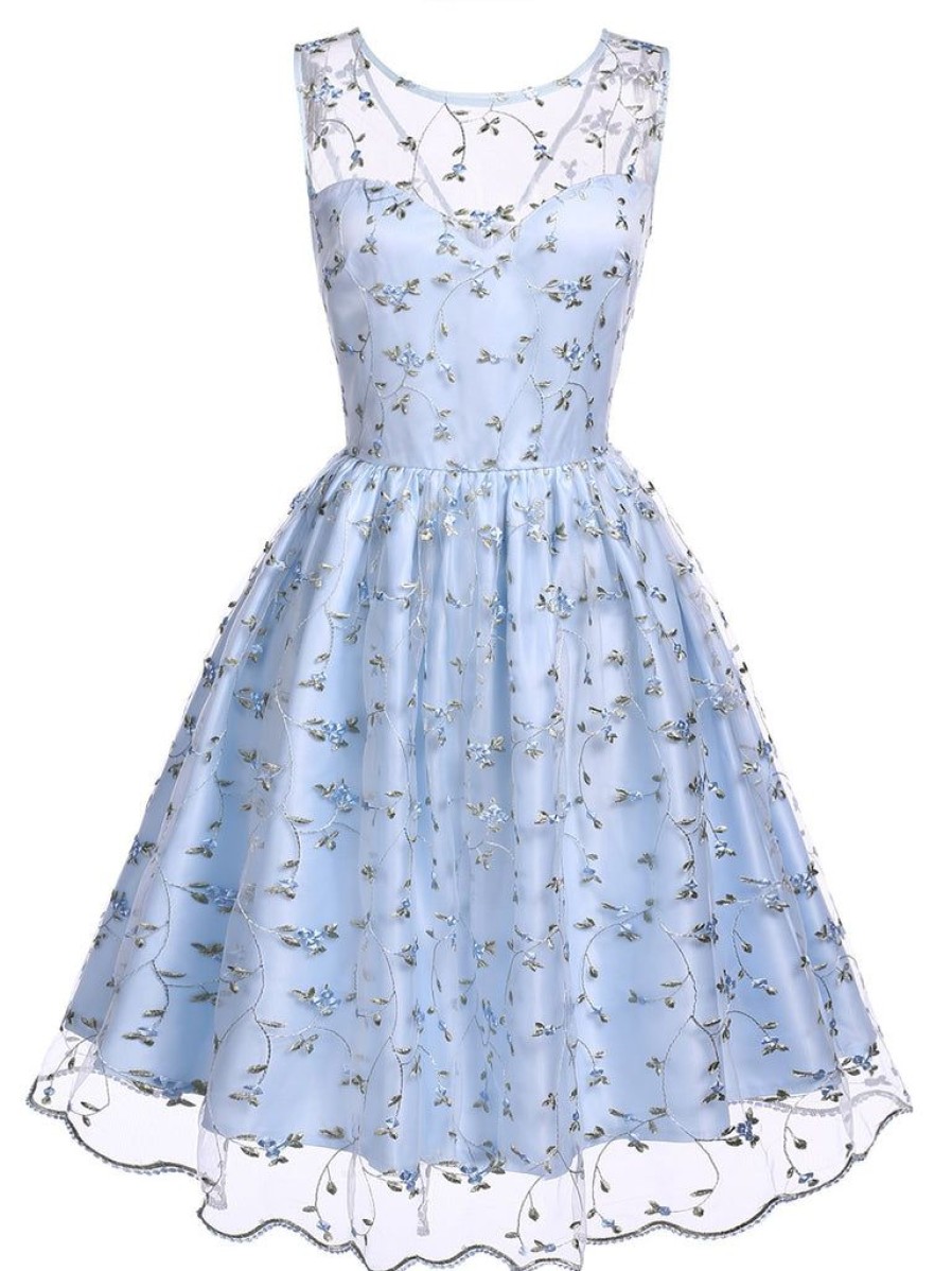 Clothing Retro Stage | Blue 1950S Floral Embroidery Lace Dress Light Blue