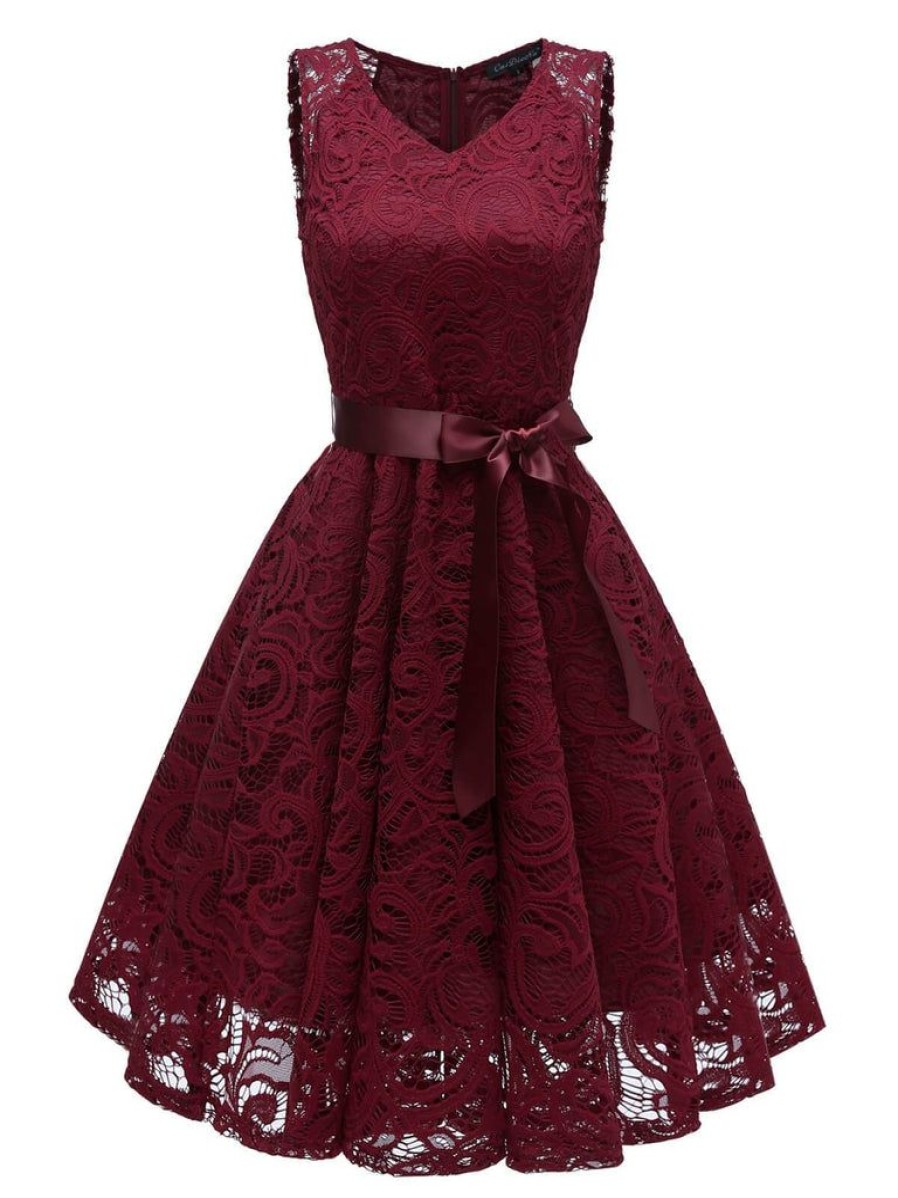 Clothing Retro Stage | 1950S Lace V Neck Bow Dress