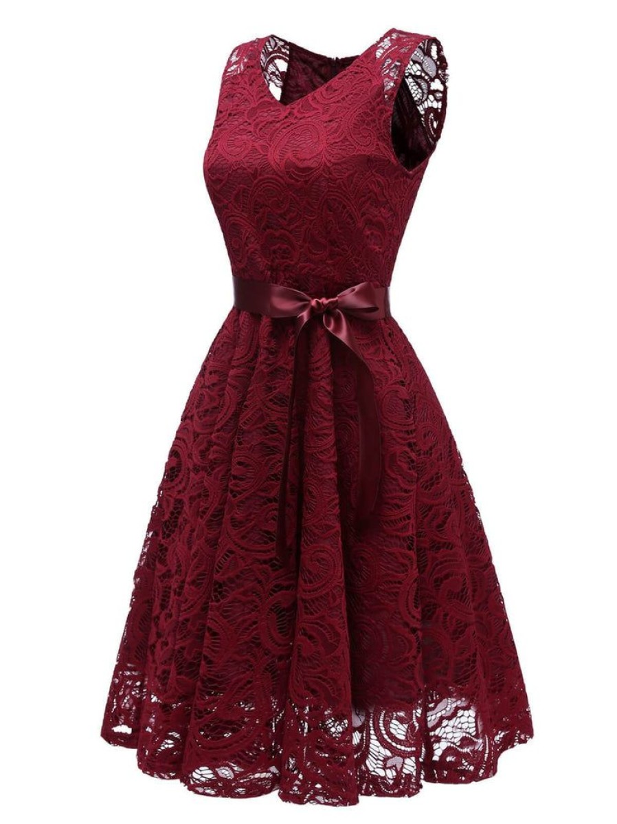 Clothing Retro Stage | 1950S Lace V Neck Bow Dress