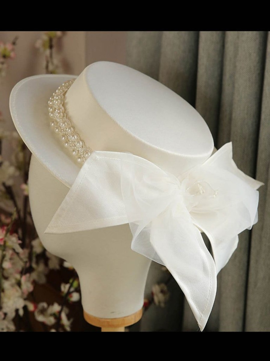 Accessories Retro Stage | White Retro Pearl Bow Knot Hat