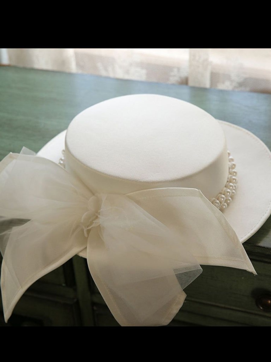 Accessories Retro Stage | White Retro Pearl Bow Knot Hat