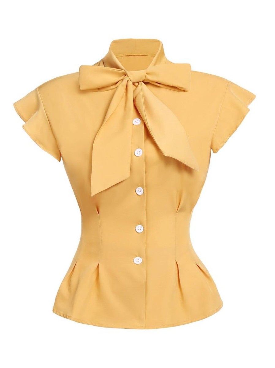 Clothing Retro Stage | 1950S Bow Solid Blouse Top Yellow