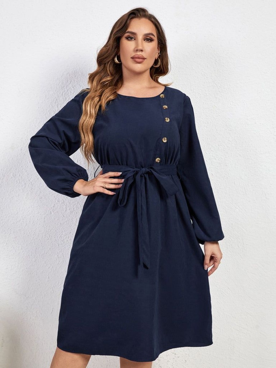 Clothing Retro Stage | [Plus Size] 1950S High-Waist Lantern Sleeve Belted Dress Blue