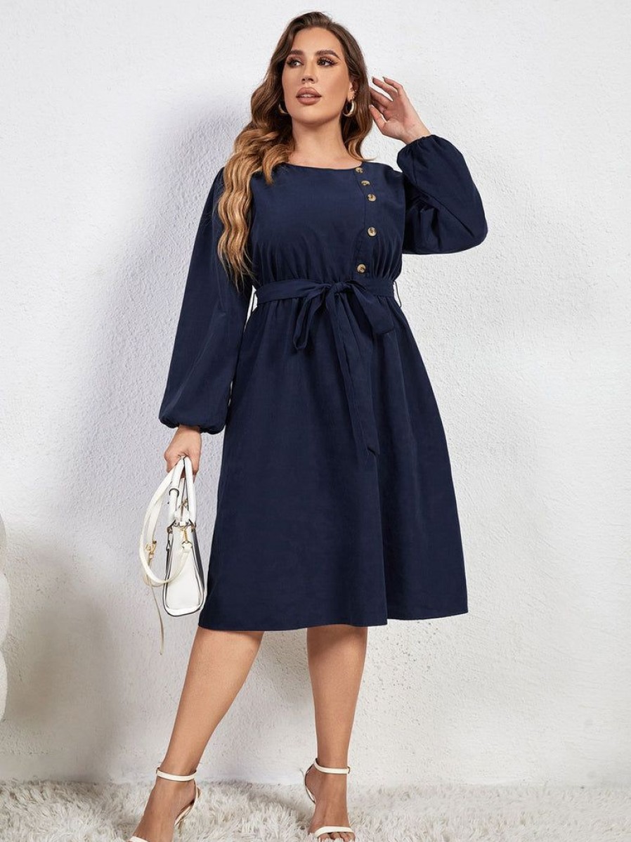 Clothing Retro Stage | [Plus Size] 1950S High-Waist Lantern Sleeve Belted Dress Blue