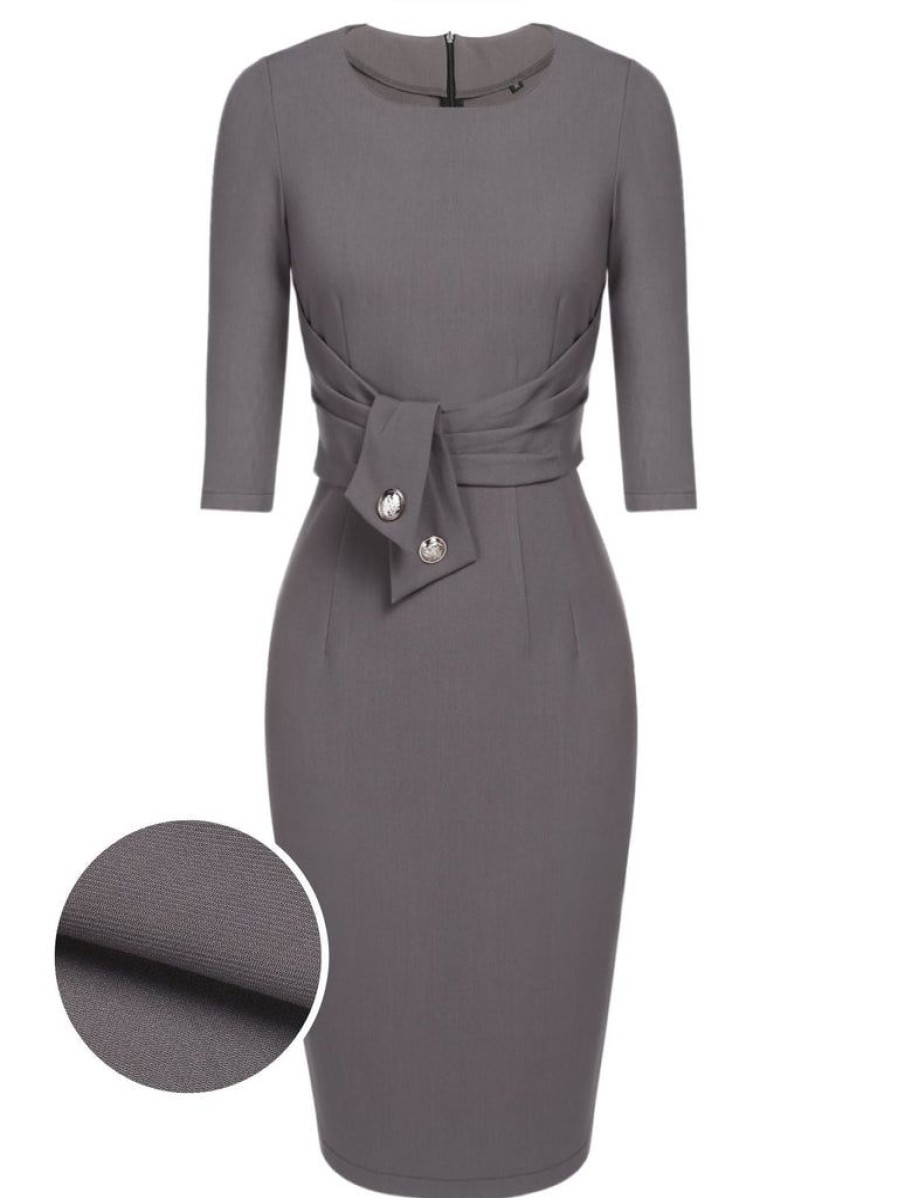 Clothing Retro Stage | [Pre-Sale] 1960S Belt Solid Pencil Dress Gray