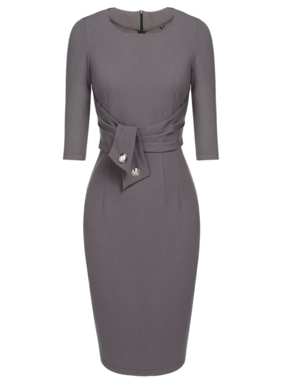 Clothing Retro Stage | [Pre-Sale] 1960S Belt Solid Pencil Dress Gray