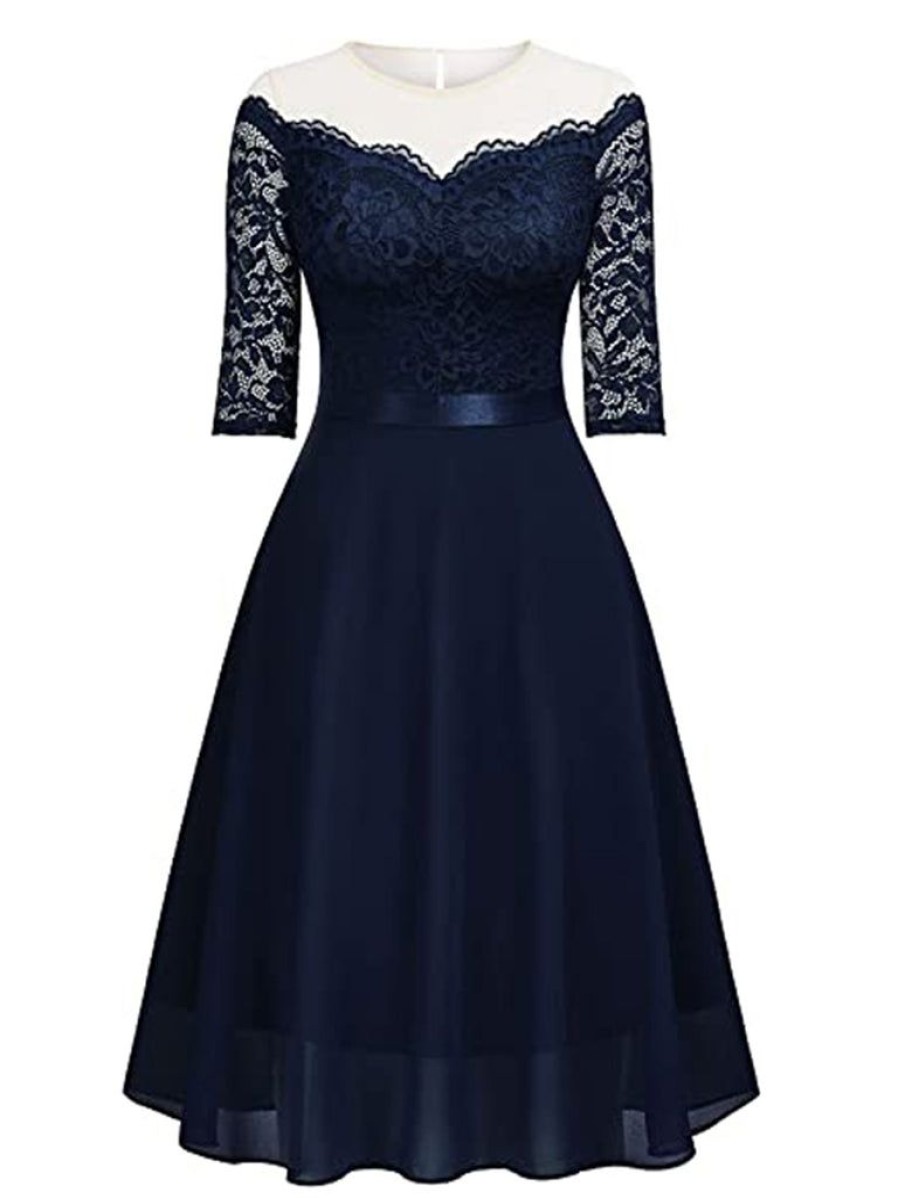 Clothing Retro Stage | 1950S Solid Lace Off Shoulder Patchwork Dress